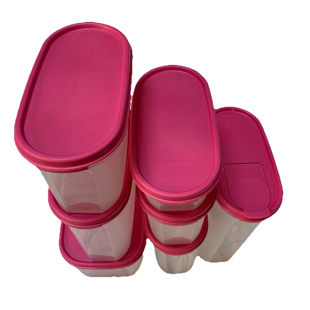 Tupperware Lot Of 7 Rectangular Modular Mates PINK Seals With Lids - Picture 2 of 3